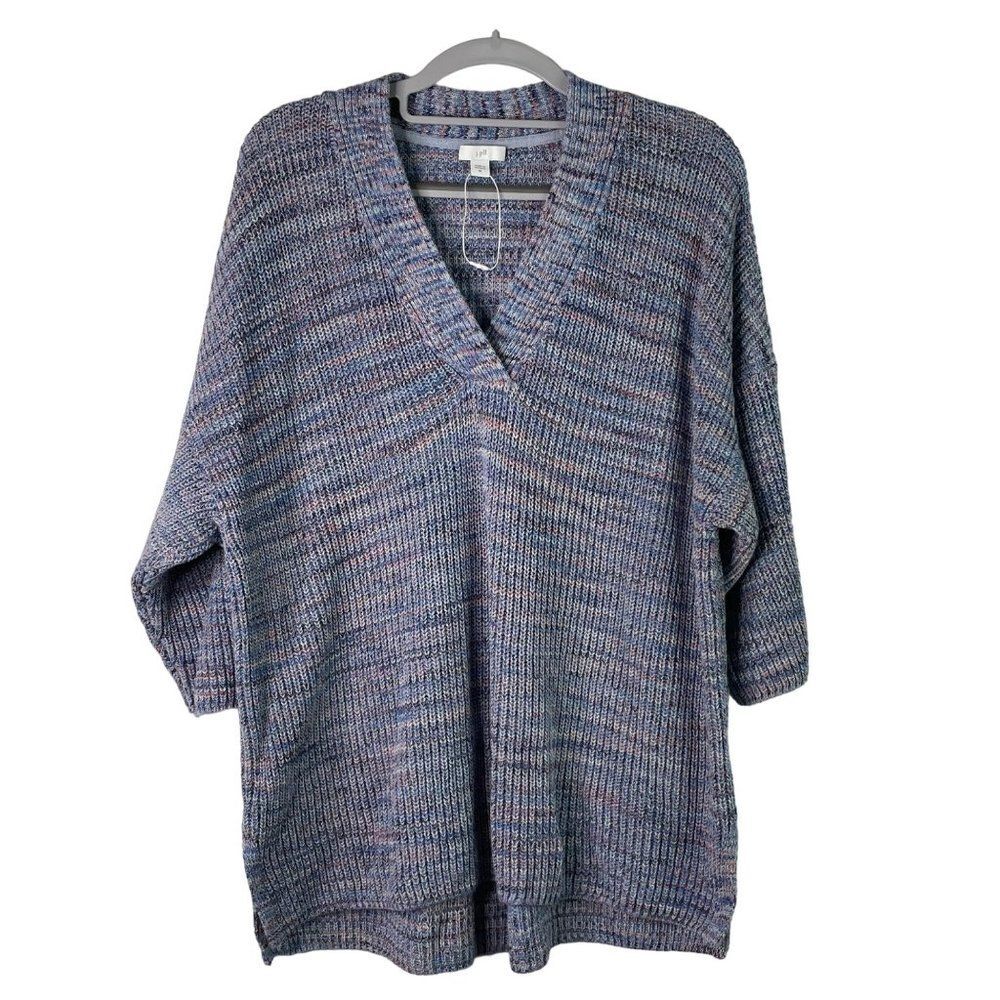 J Jill Sweater Tight Knit Marled Multicolored V Neck 3/4 Sleeve XL 100% Cotton